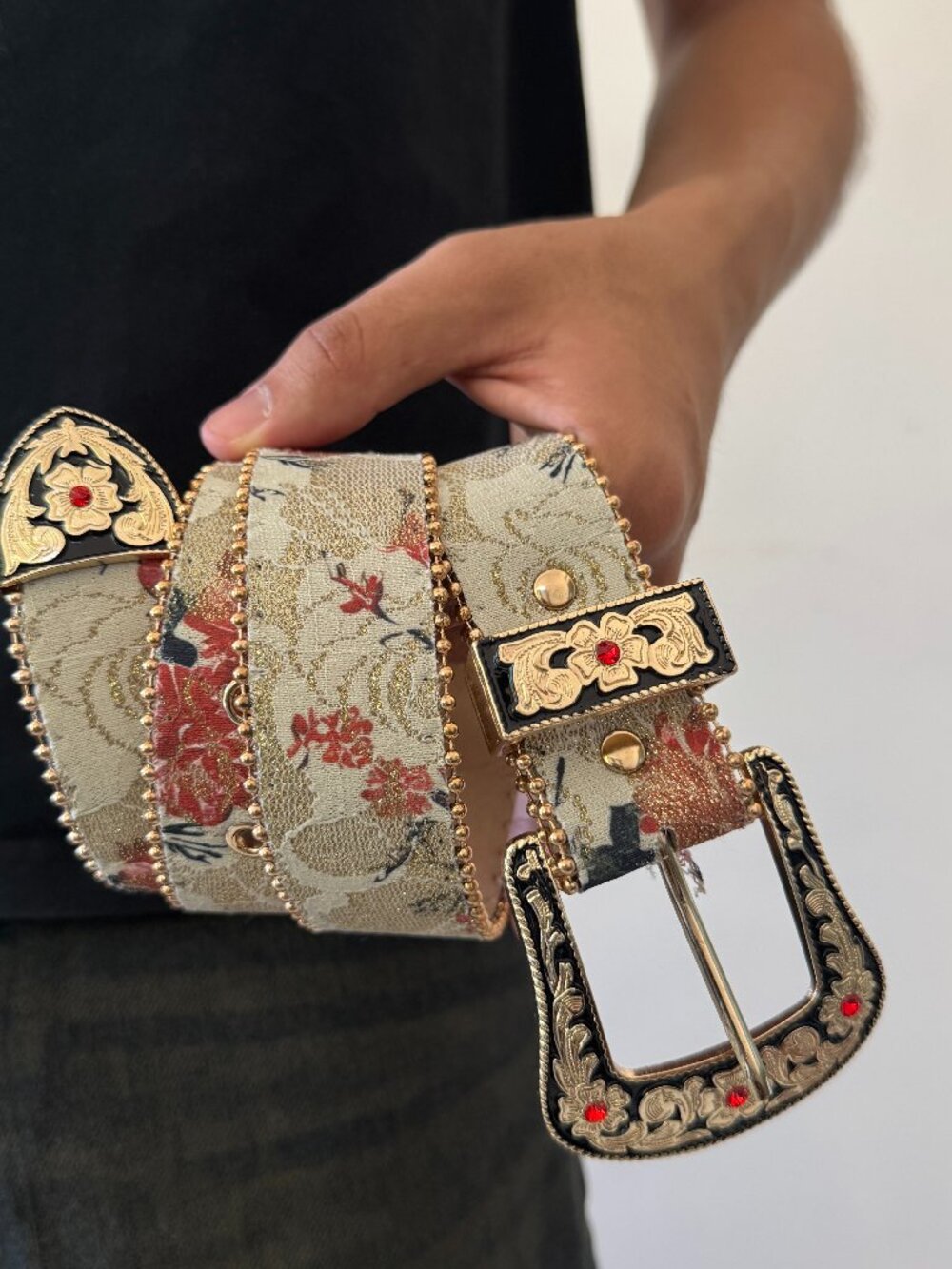 Cream Floral Jacquard Ornate Western Buckle Belt